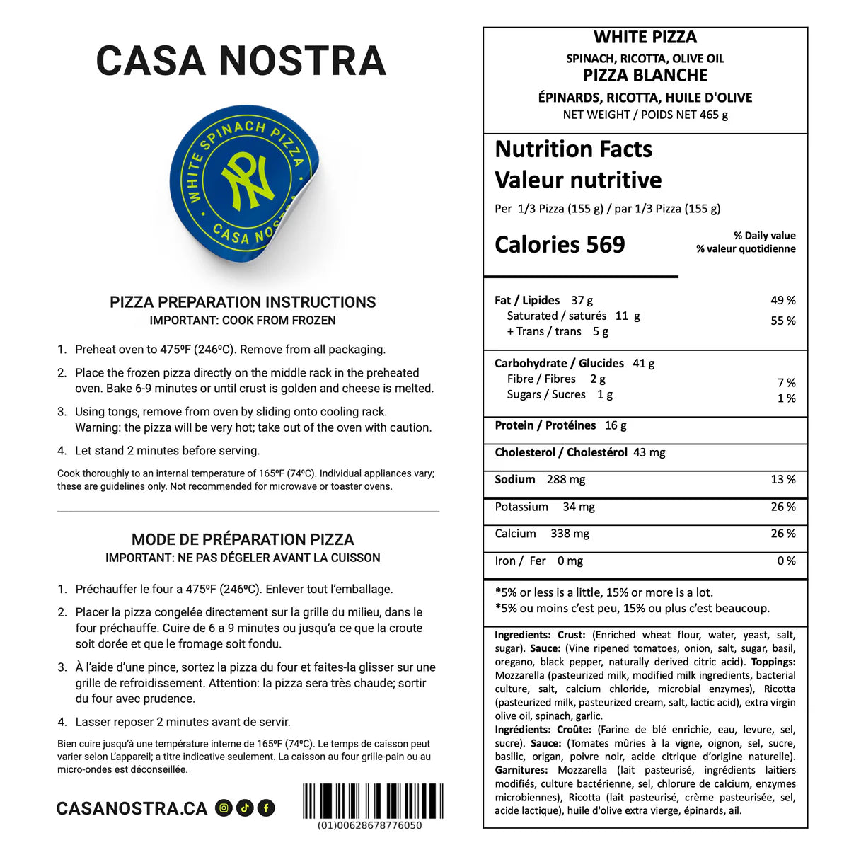 Casa Nostra White Spinach Pizza - 465g